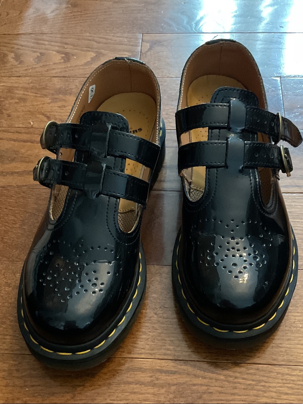 Black Patent Double-Strap Mary Jane Shoes with Yellow Stitching